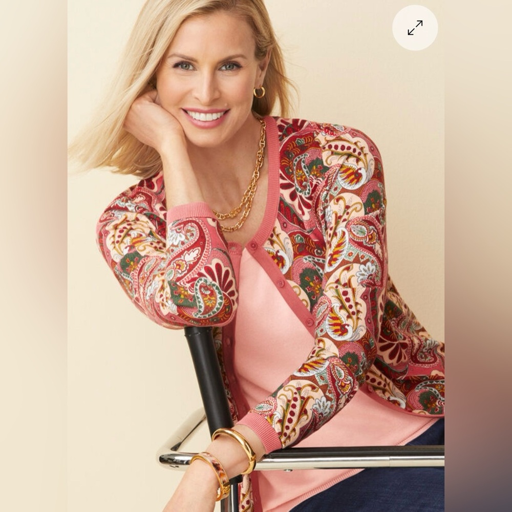 Talbots Crewneck lightweight knit cardigan in rosewood paisley print